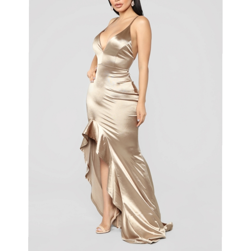Fashion Nova Satin Mermaid Dress - Gold - Picture 3 of 6